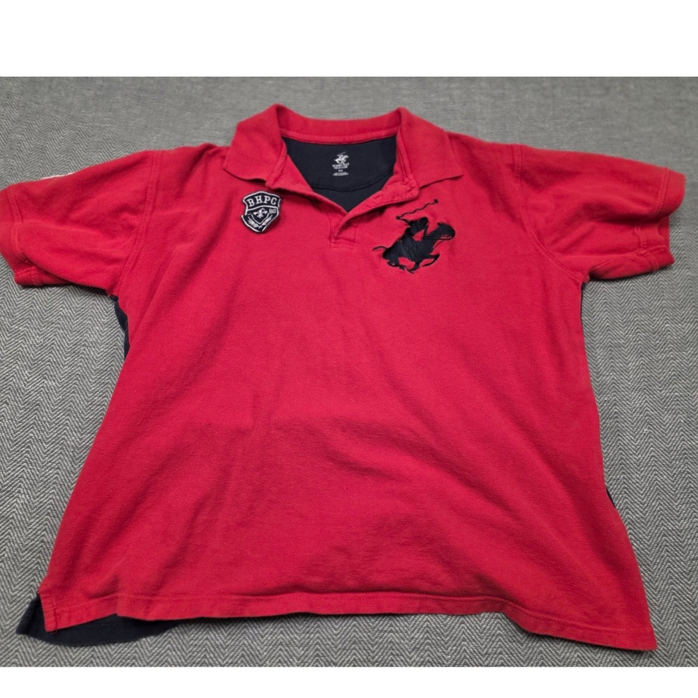 Beverly Hills Polo Club Mens XXL Red Navy Blue Big Logo Short Sleeve Polo Shirt